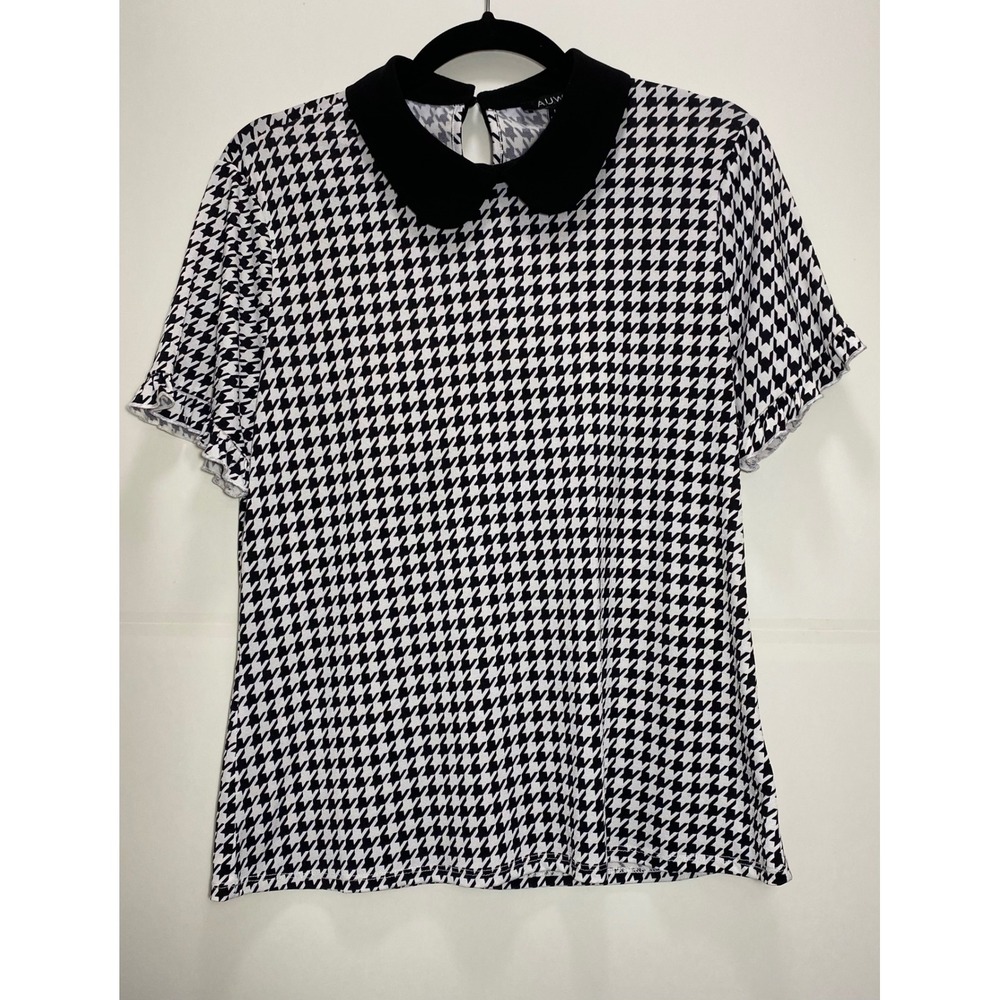 AUW Women Houndstooth Short Sleeve Top Peter Pan Collar Black White Size M